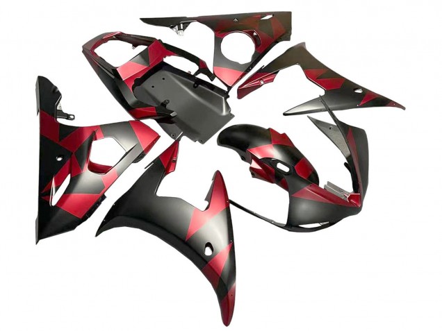 2005 Matte Black Red Geometric Yamaha YZF 600 R6 Motorcycle Fairings