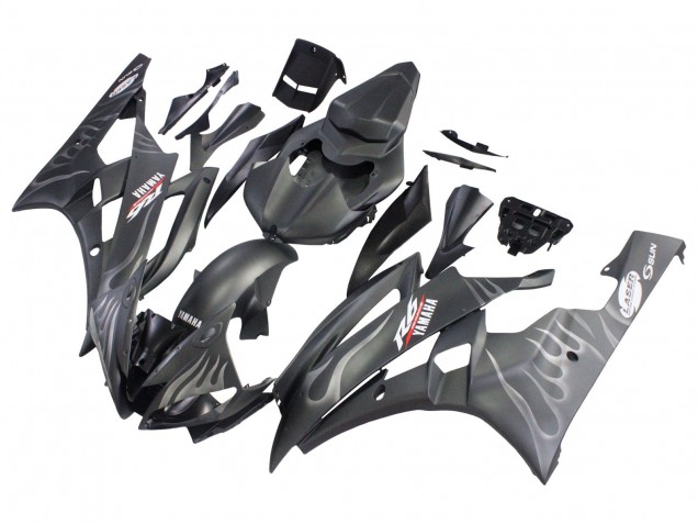 2006-2007 Matte Black Silver Flame Yamaha YZF 600 R6 Motorcycle Fairings