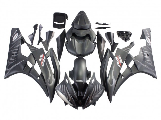 2006-2007 Matte Black Silver Flame Yamaha YZF 600 R6 Motorcycle Fairings