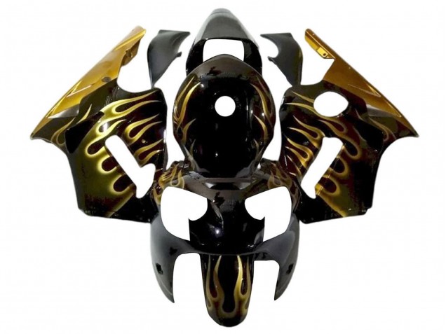 2000-2001 Glossy Black Gold Flame Kawasaki ZX12R Motorcycle Fairings