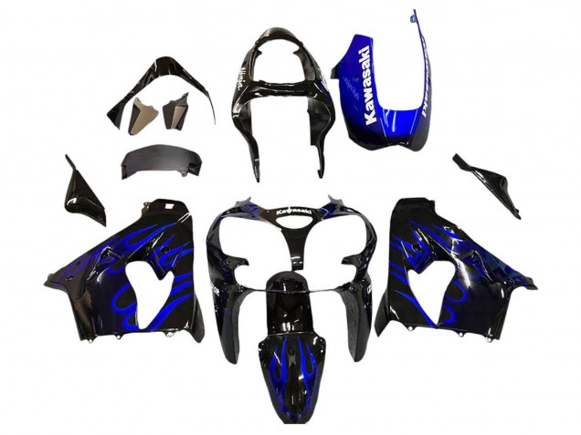 2000-2001 Glossy Black Blue Flame White Kawasaki ZX9R Motorcycle Fairings
