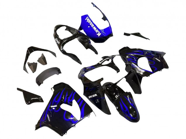 2000-2001 Glossy Black Blue Flame White Kawasaki ZX9R Motorcycle Fairings