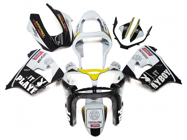 2000-2001 White Yellow Glossy Black Playboy Kawasaki ZX9R Motorcycle Fairings