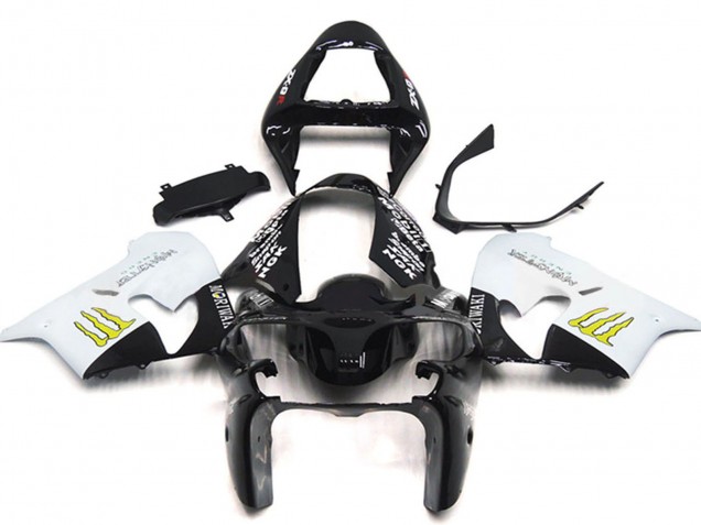 2002-2003 White Glossy Black Yellow Monster Kawasaki ZX9R Motorcycle Fairings