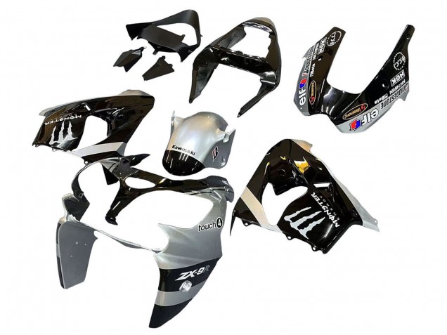 2002-2003 Silver Glossy Black Monster Elf Kawasaki ZX9R Motorcycle Fairings