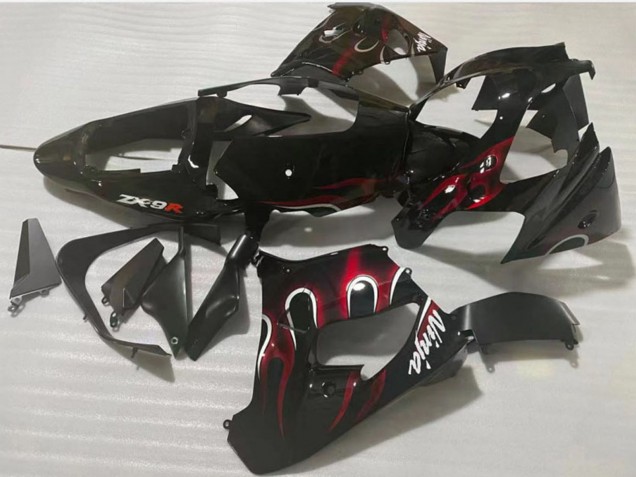 2002-2003 Glossy Black Red Flame Kawasaki ZX9R Motorcycle Fairing