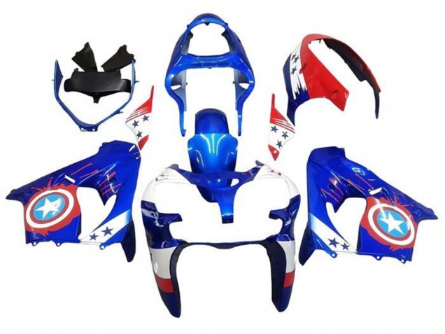 2000-2001 Blue Red Captain America Star Kawasaki ZX9R Motorcycle Fairings