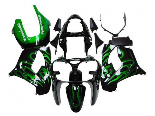 2000-2001 Glossy Black Green Flame White Kawasaki ZX9R Motorcycle Fairings