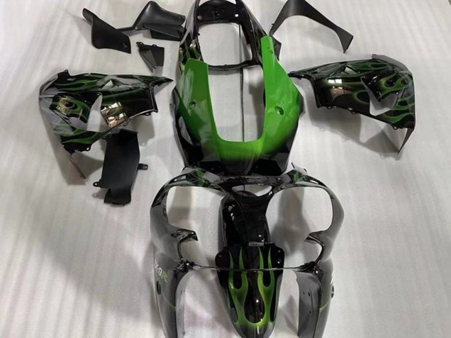 2002-2003 Glossy Black Green Flame Kawasaki ZX9R Motorcycle Fairings