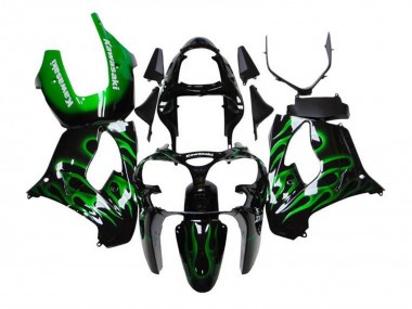 2002-2003 Black White with Green Flame Kawasaki ZX9R Motorcycle Fairings