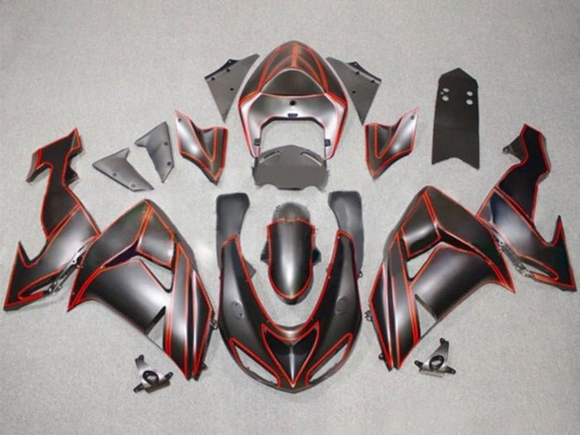 2006-2007 Matte Black Red Pinstripe Kawasaki ZX10R Motorcycle Fairings