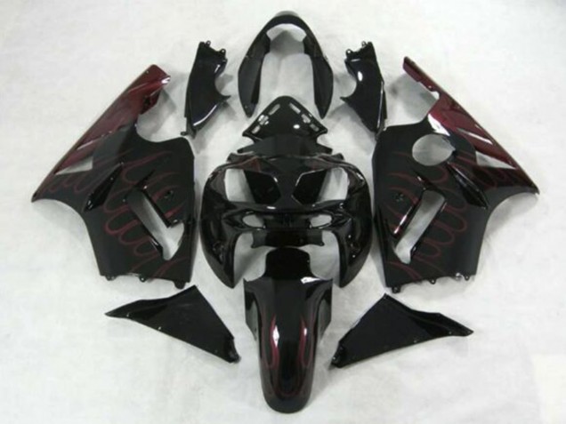 2002-2006 Glossy Black Burgundy Flame Kawasaki ZX12R Motorcycle Fairings