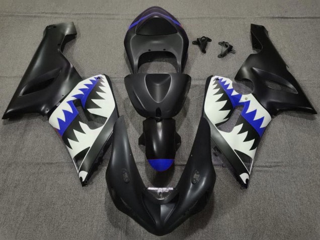 2005-2006 Matte Black White Blue Shark Kawasaki ZX6R Motorcycle Fairings