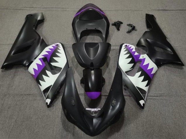 2005-2006 Matte Black White Purple Shark Kawasaki ZX6R Motorcycle Fairings