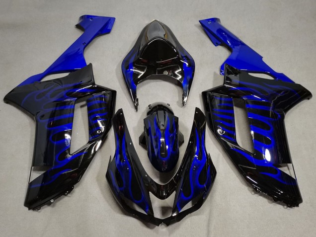 2007-2008 Black Blue Flame Kawasaki ZX6R Motorcycle Fairings
