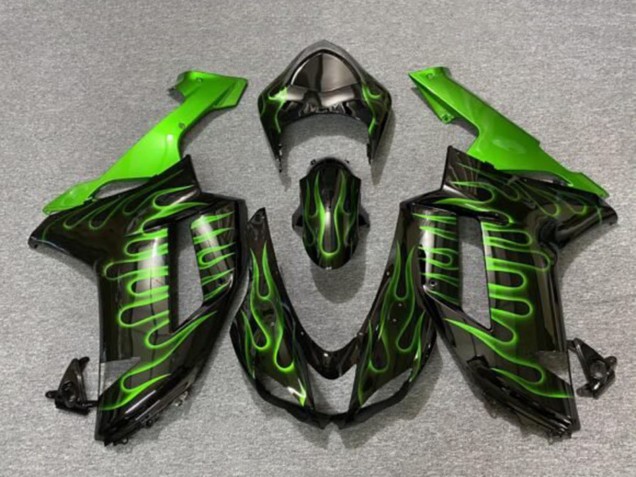 2007-2008 Black Green Flame Kawasaki ZX6R Motorcycle Fairings