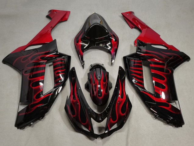 2007-2008 Black Red Flame Kawasaki ZX6R Motorcycle Fairings