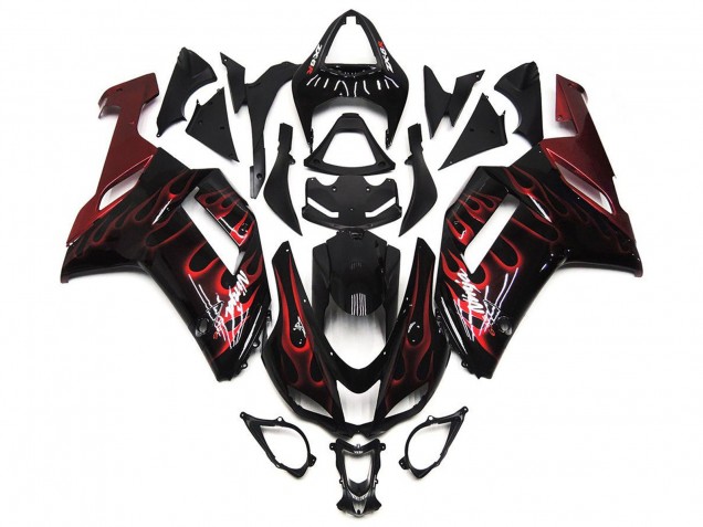 2007-2008 Black White Red Flame Kawasaki ZX6R Motorcycle Fairings