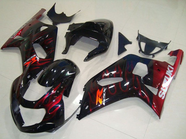 2001-2003 Glossy Black Red Flame Suzuki GSXR 750 Motorcycle Fairings