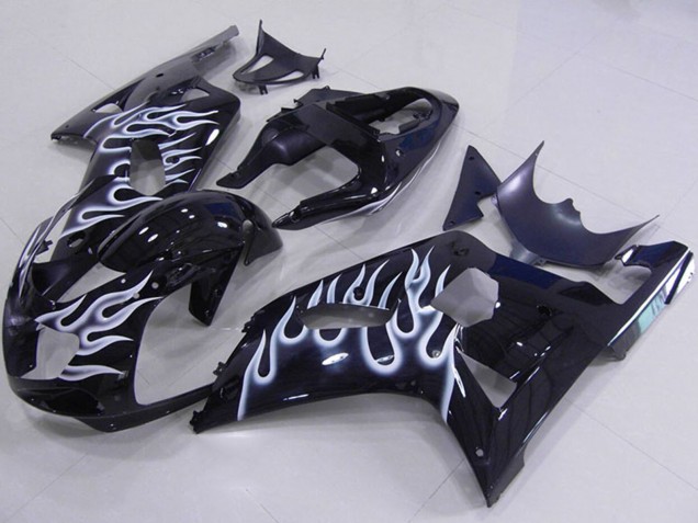 2001-2003 Glossy Black White Flame Suzuki GSXR 750 Motorcycle Fairings