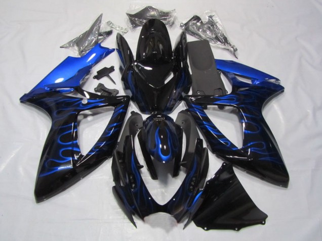 2006-2007 Glossy Black Blue Flame Suzuki GSXR 750 Motorcycle Fairings
