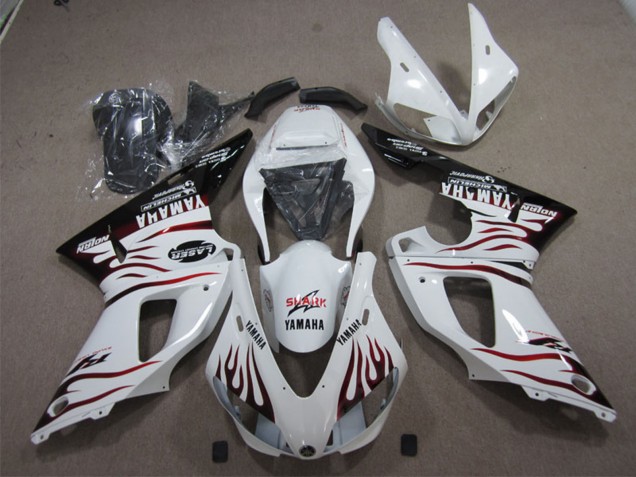 1998-1999 White Glossy Black Red Flame Shark Yamaha YZF R1 Motorcycle Fairings