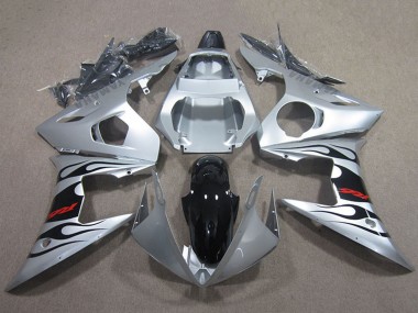 2003-2004 Silver Glossy Black Flame Yamaha YZF R6 Motorcycle Fairings