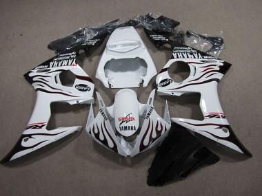 2003-2004 White Glossy Black Flame Shark Yamaha YZF R6 Motorcycle Fairings